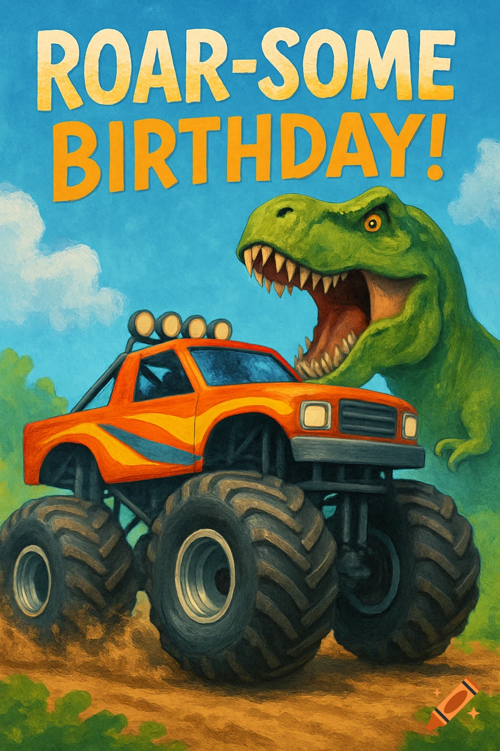 Illustration of a green dinosaur roaring behind an orange monster truck. Large text reads "ROAR-SOME BIRTHDAY!".