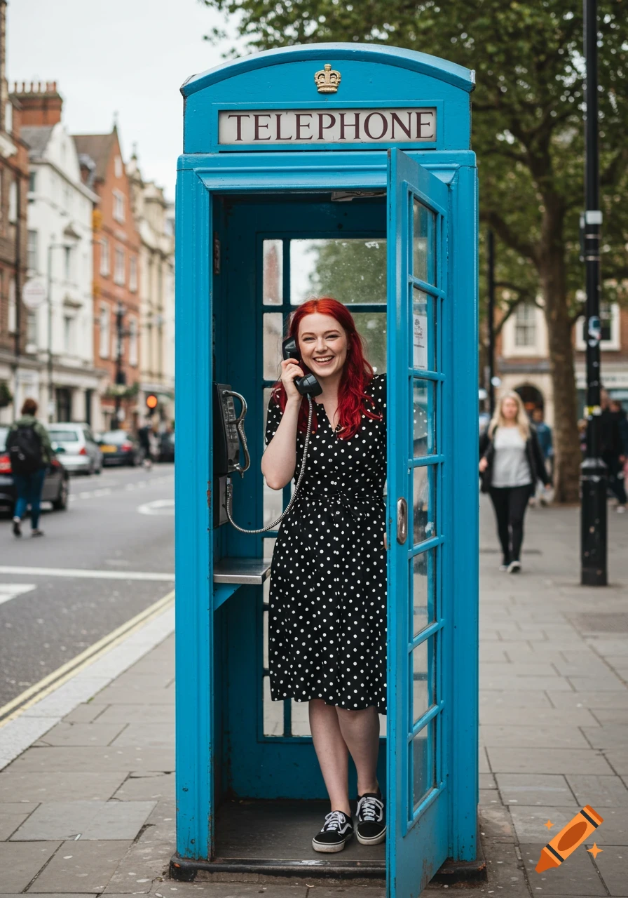 A young woman with red hair smiles while talking on a phone in a blue telephone booth on a city street.