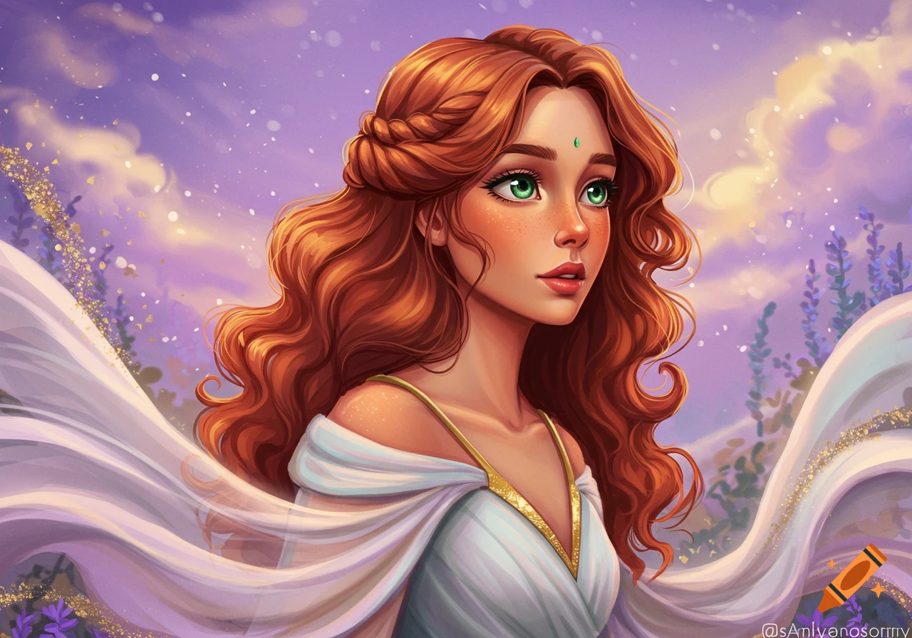 Illustrative portrait of a woman with red hair and green eyes in a ...