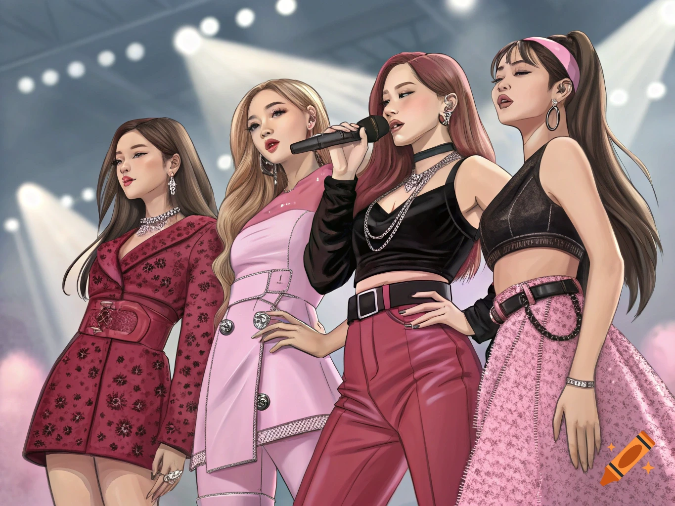 Illustration of a K-pop group performing on stage.