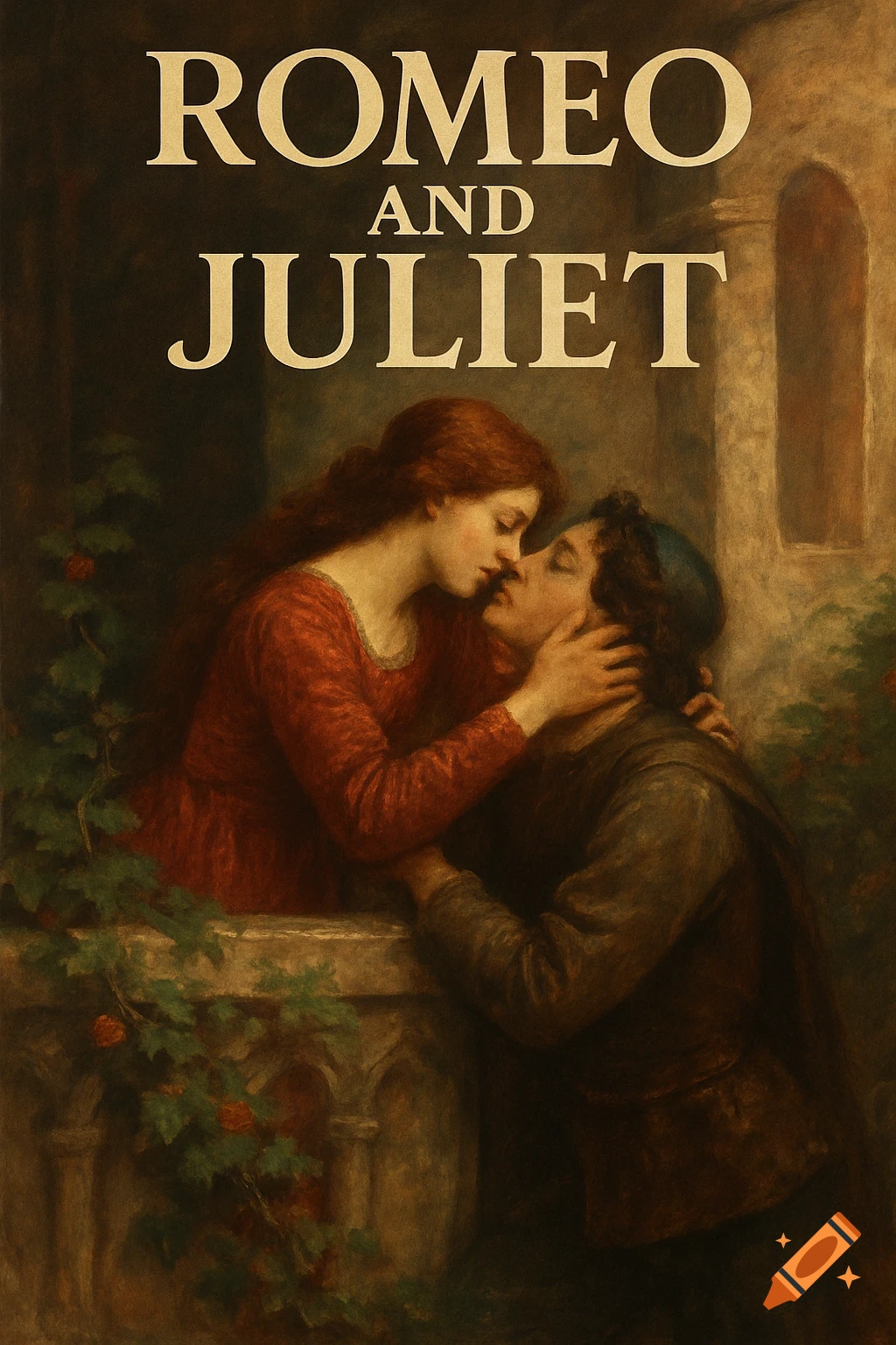 Painting of Romeo and Juliet kissing on a balcony with the title text 'ROMEO AND JULIET'.