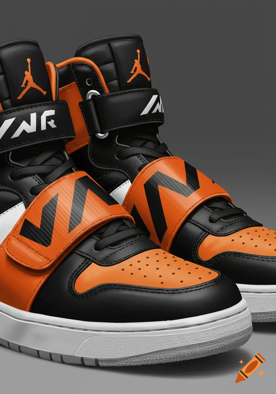 Close-up of black and orange high-top sneakers with straps and logos.