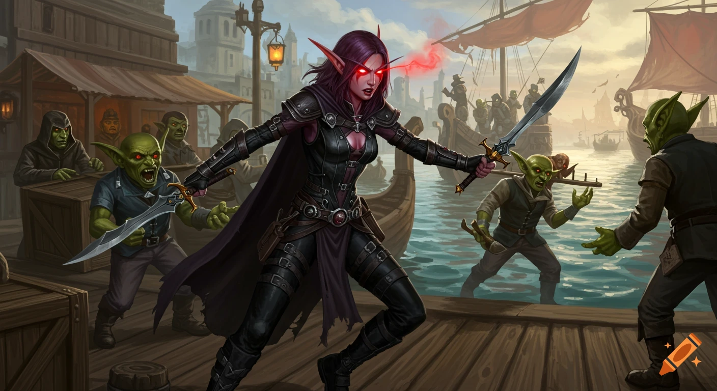 A fantasy illustration of a female elf rogue fighting goblins on a harbor boardwalk.