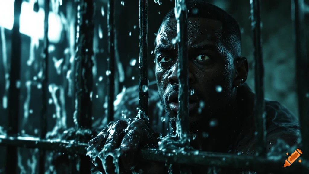 Man looks intensely from behind wet prison bars.