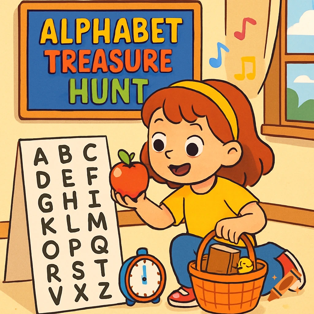 Cartoon girl holding an apple next to an alphabet chart and a sign reading 'Alphabet Treasure Hunt'.