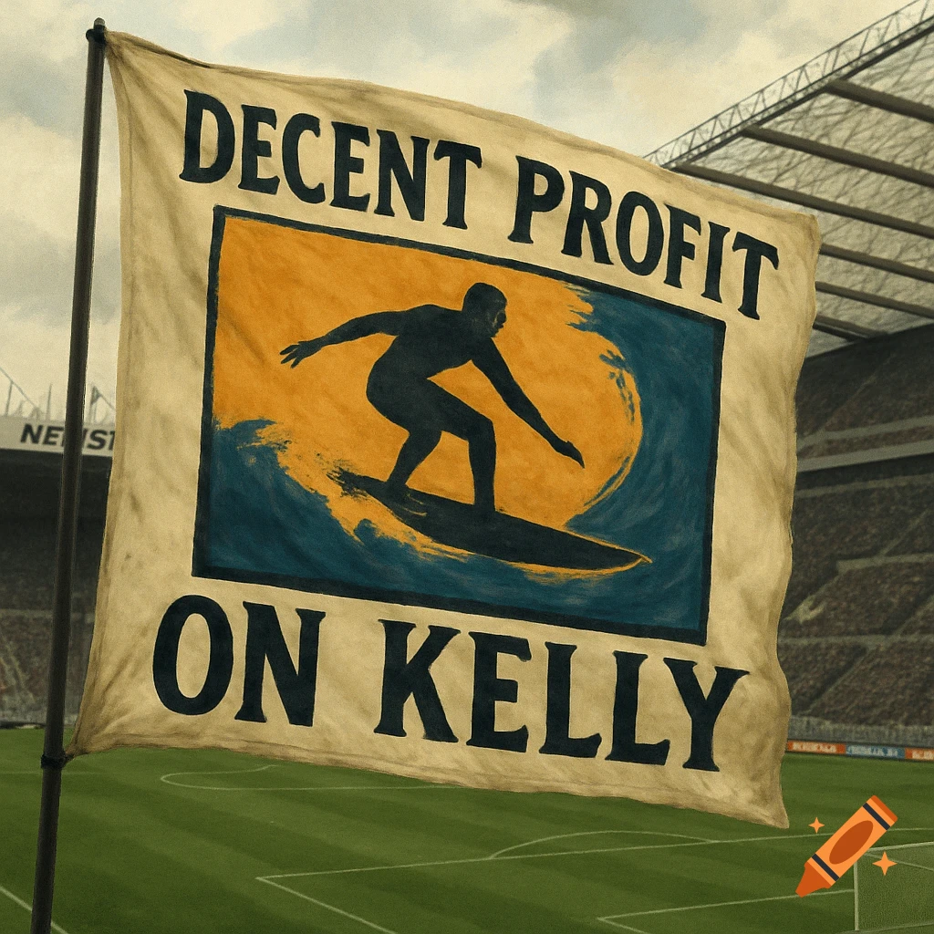 A flag with a surfer graphic and the words 'DECENT PROFIT ON KELLY' waves in a stadium.