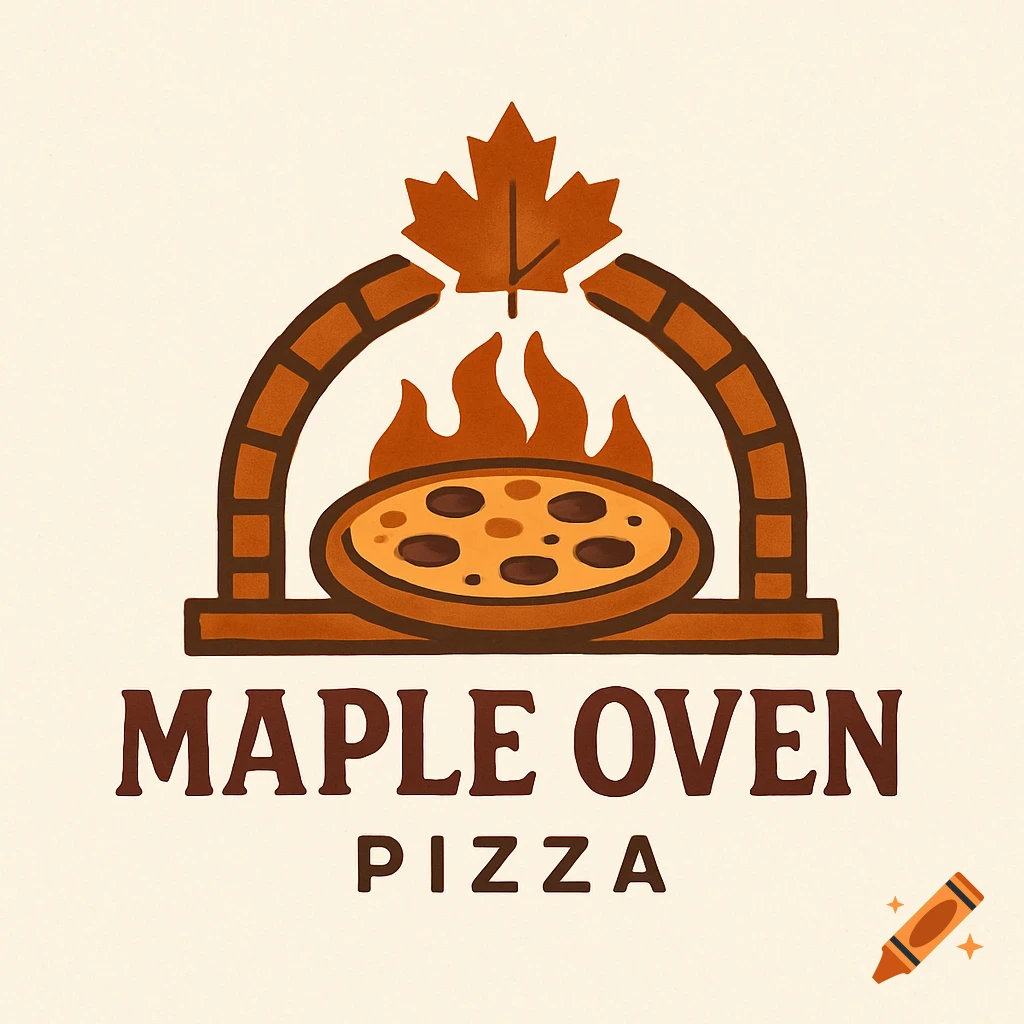 Logo for Maple Oven Pizza shop featuring a pizza in a brick oven with flames and a maple leaf.
