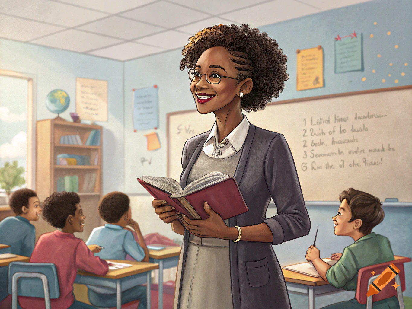 An illustration of a Black female teacher holding a book in a classroom with students.