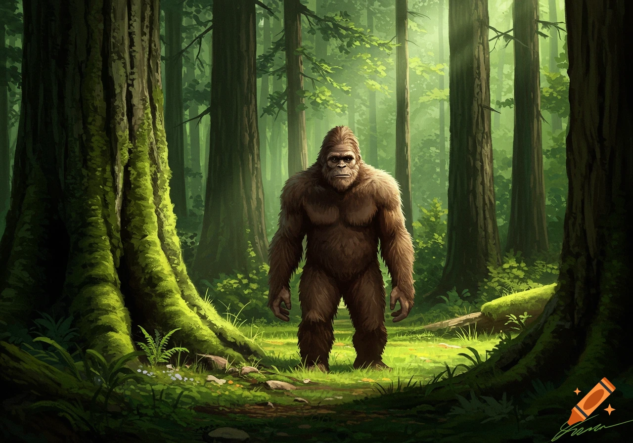 A hairy bigfoot stands in a sunlit forest clearing.