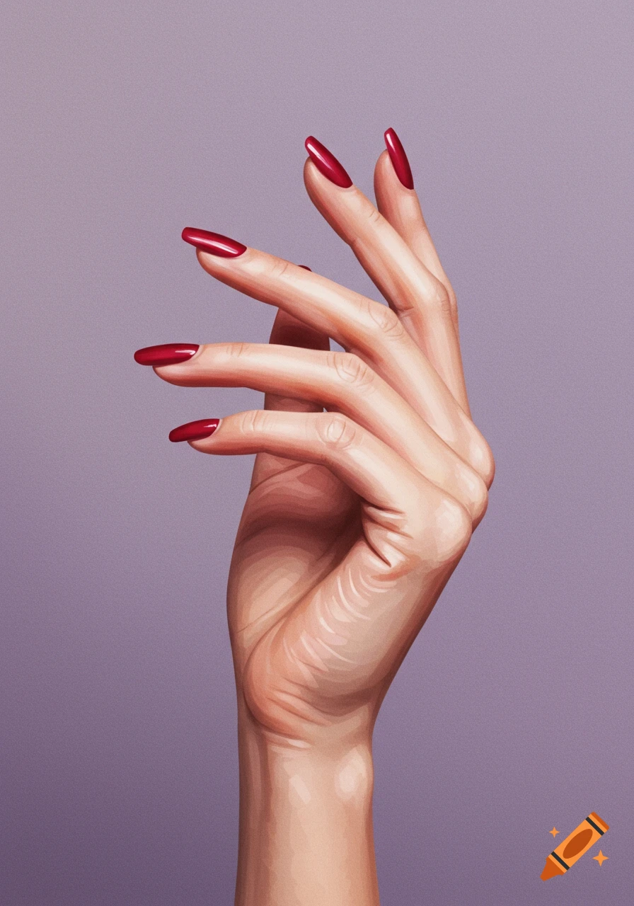 Illustration of a hand with red nail polish against a purple background.