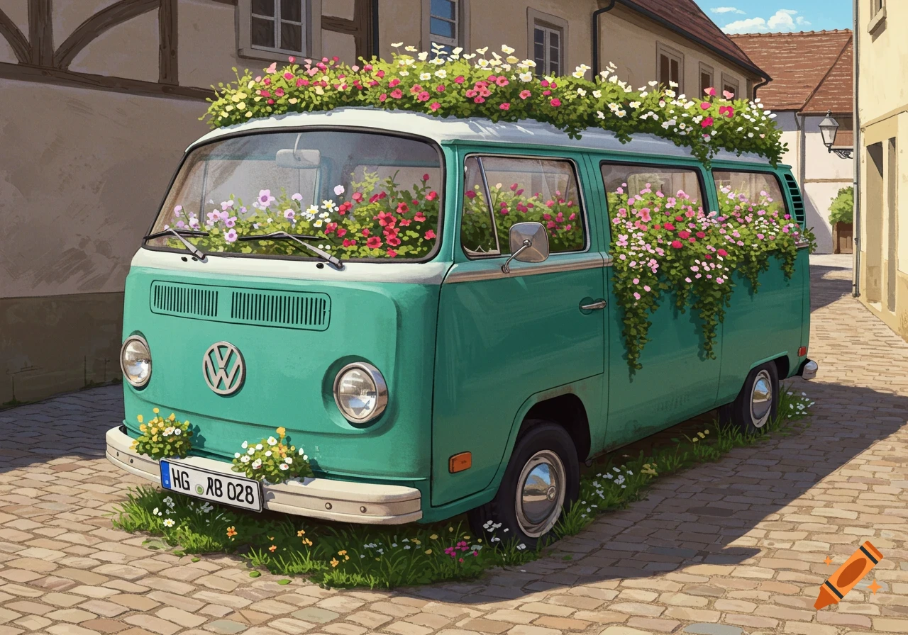 Green VW bus on cobbled street covered in pink, purple, and white flowers, in an illustrative style.