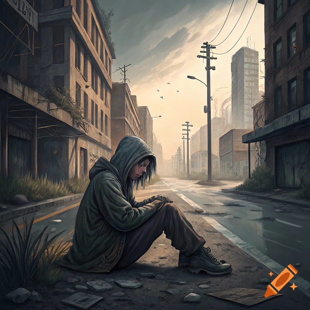 Person sits alone on street in a ruined city illustration