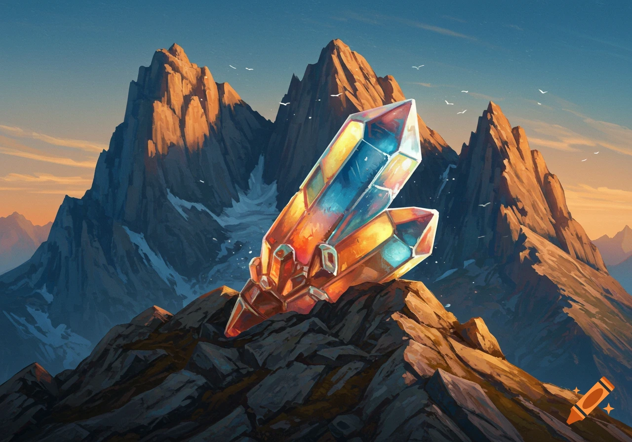 Colorful crystal formation on a mountain peak at sunset