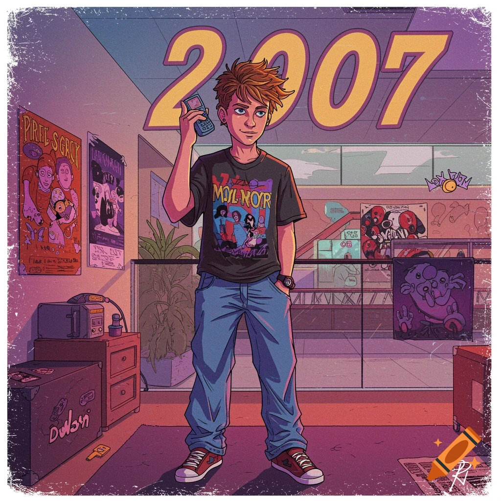 An illustration of a teenager in 2007 holding a flip phone, surrounded by posters.