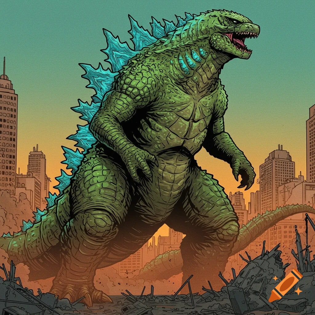 Godzilla stands among destroyed buildings in a city