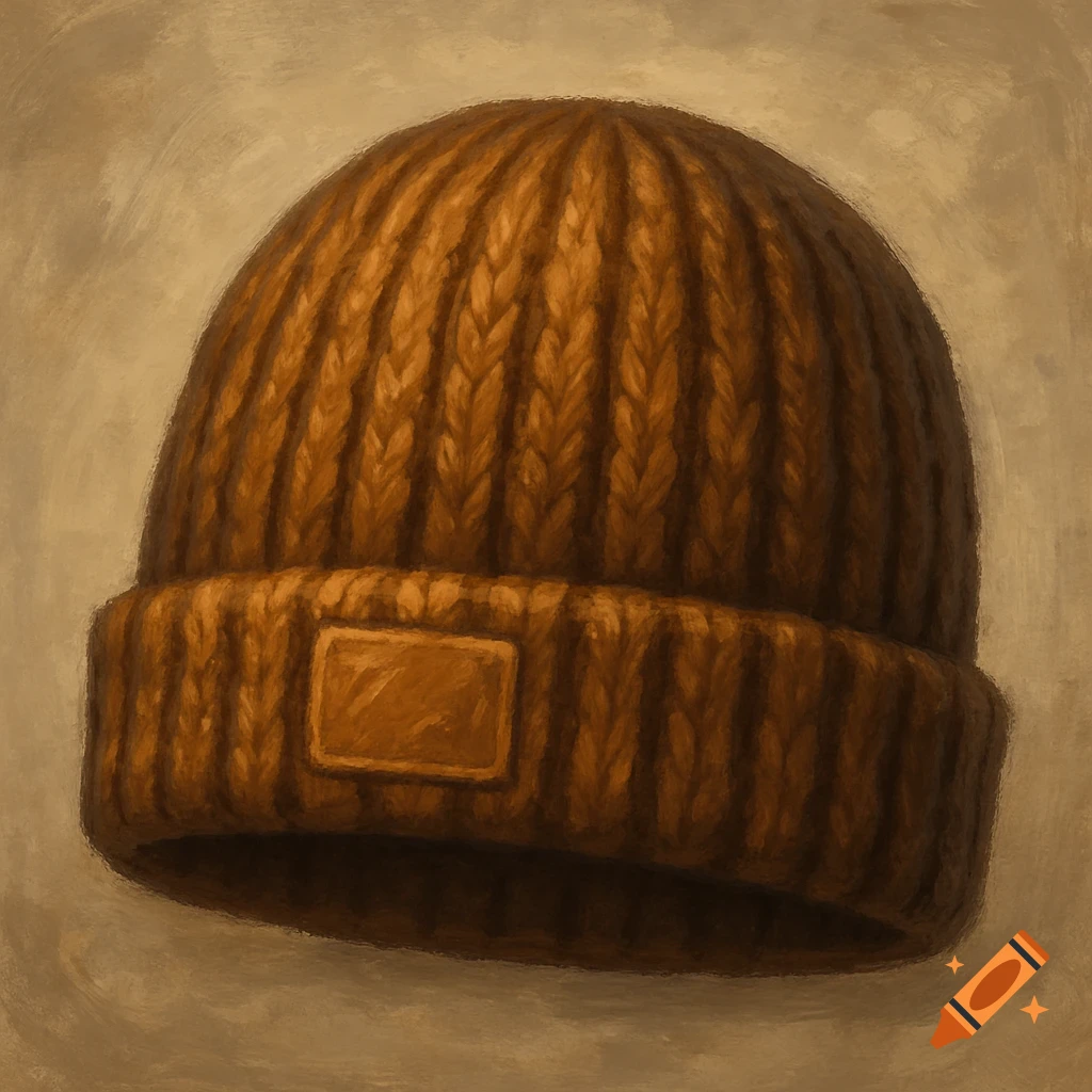 A close-up rendering of a brown knit beanie with a small rectangular patch on the front.