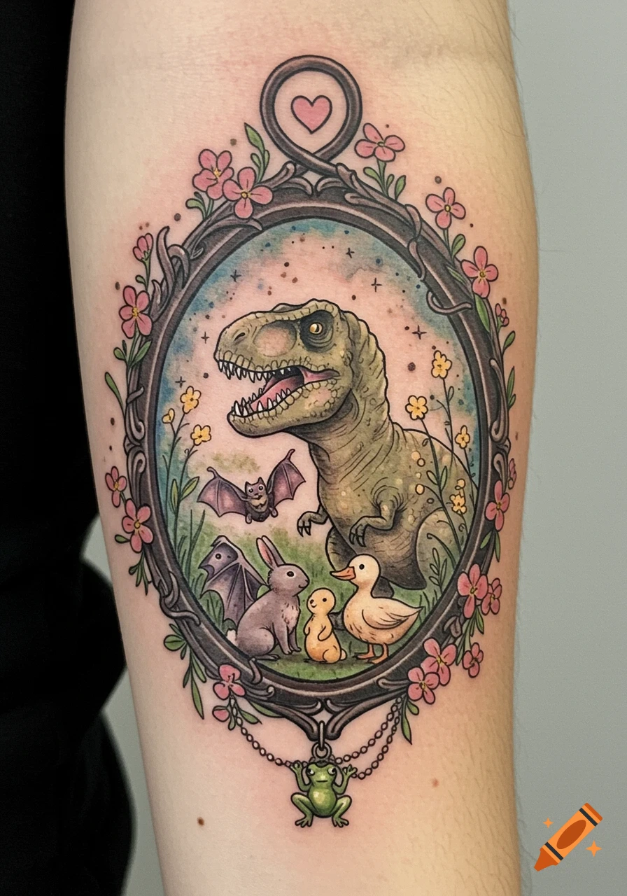 Tattoo of a T-Rex, bat, bunny, and duck in a decorative frame with flowers and a frog charm.