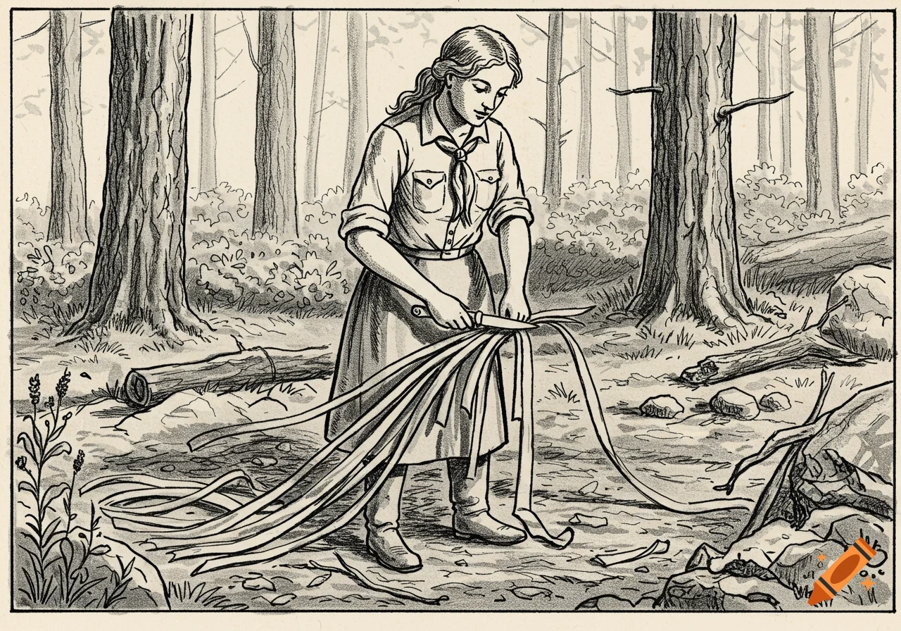 Vintage line drawing of a woman cutting material with a knife in a forest.