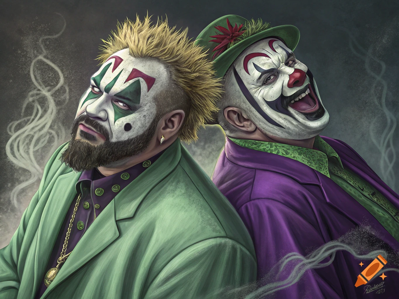 Portrait of two men in clown makeup and colorful suits, one laughing and one serious, with swirling smoke.