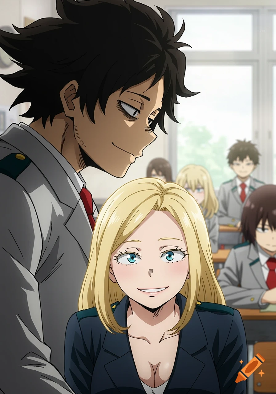 Anime drawing of Aizawa smiling at a blonde woman in a classroom.