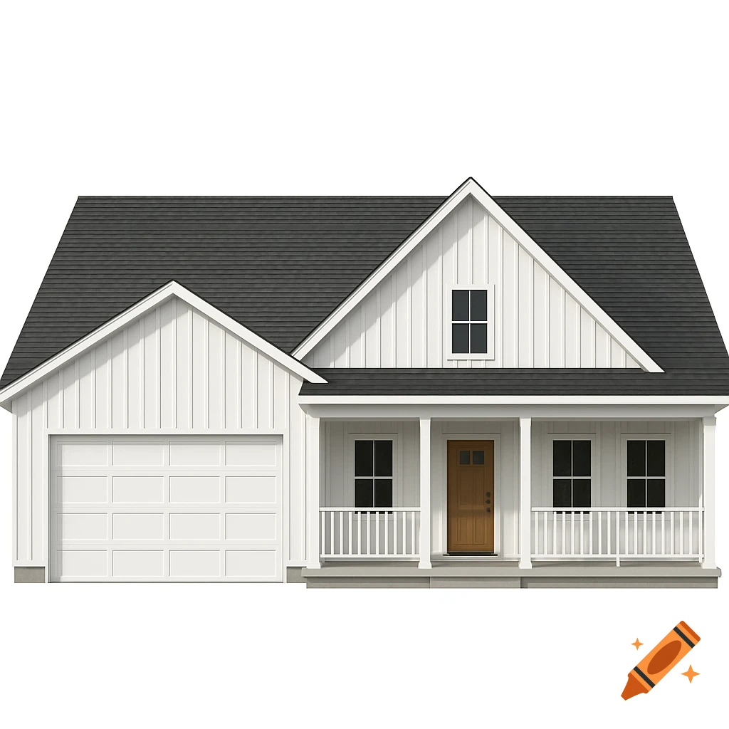 Straight-on front elevation of a modern farmhouse with a garage, white vertical siding, covered porch, dark roof, and white trim.