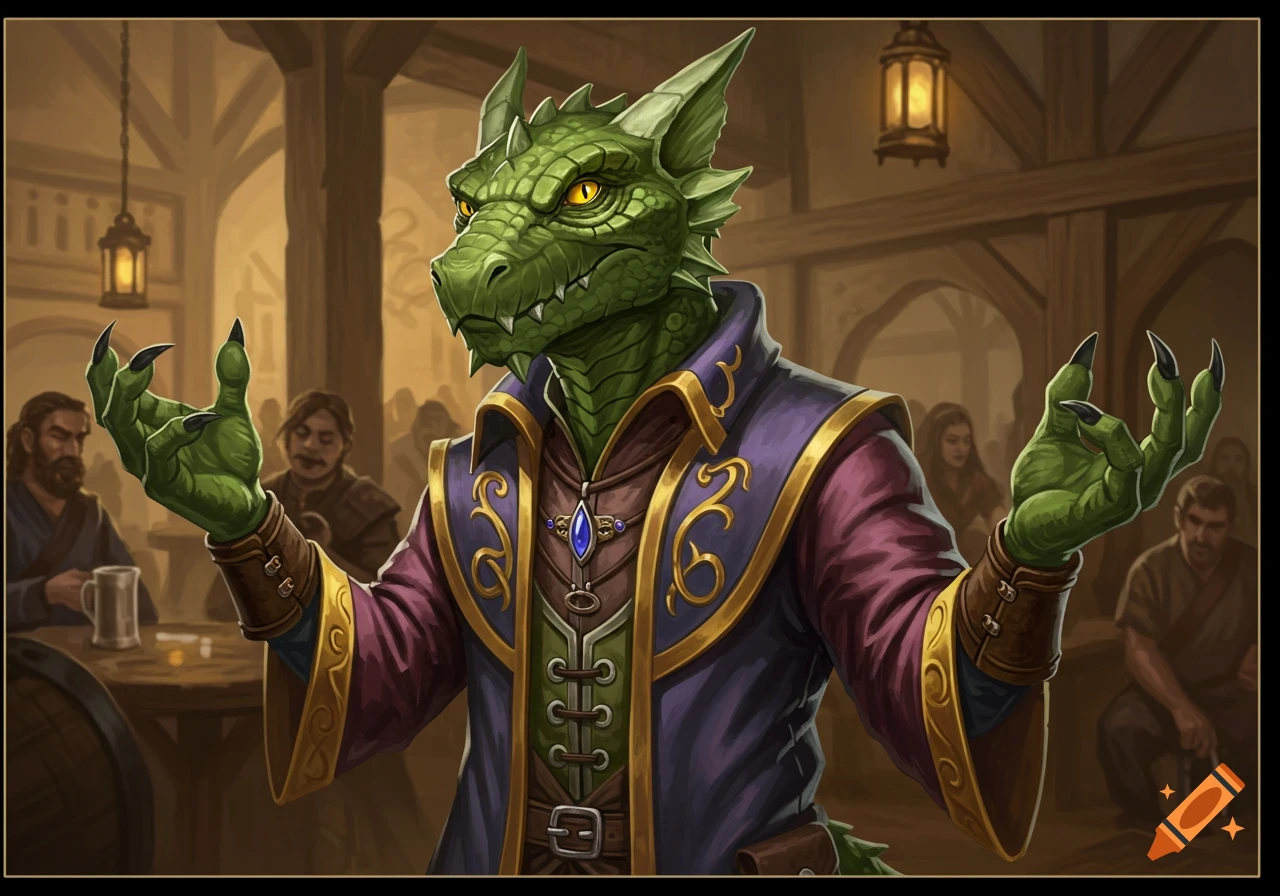 A green dragon-like sorcerer gestures in a crowded fantasy tavern.