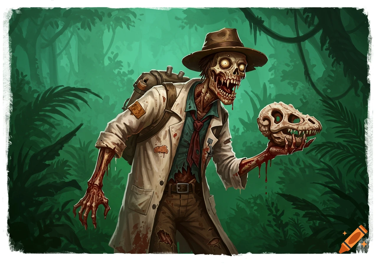 Stylized illustration of a zombie paleontologist wearing a hat and lab coat, holding a dinosaur skull in a jungle.