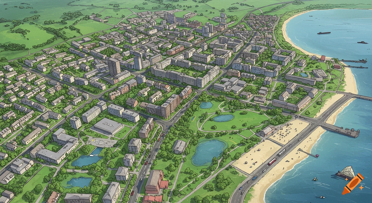 Aerial illustration of a town with parks, beach, and sea