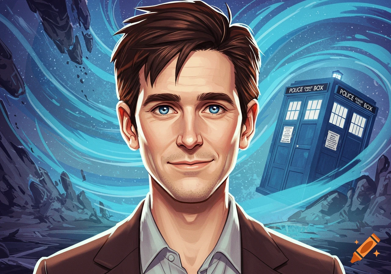Stylized portrait of a man resembling Matt Smith, smiling, with a blue TARDIS behind him in a space-like setting.