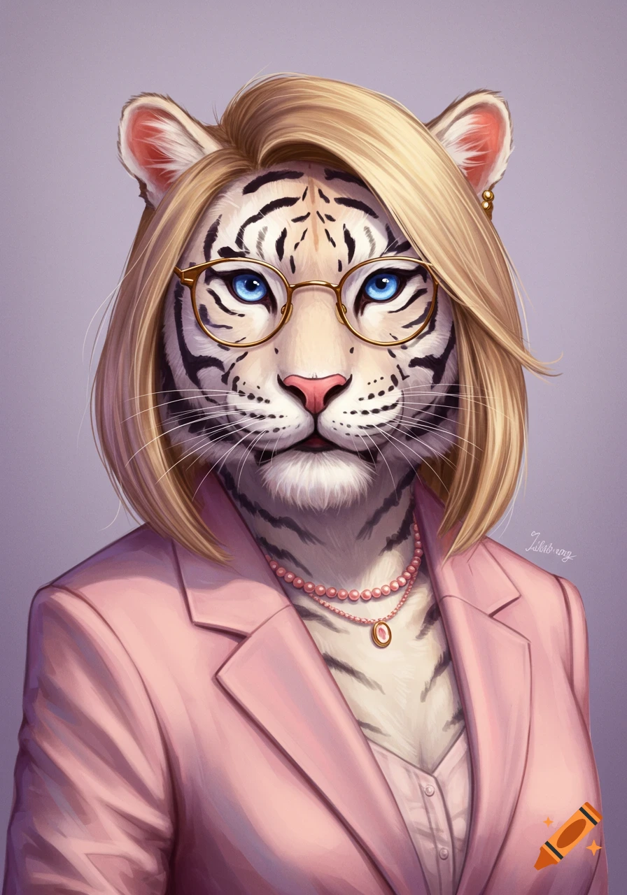 Anthro white tiger wearing a pink suit, glasses, and pearl necklace, digital painting style.