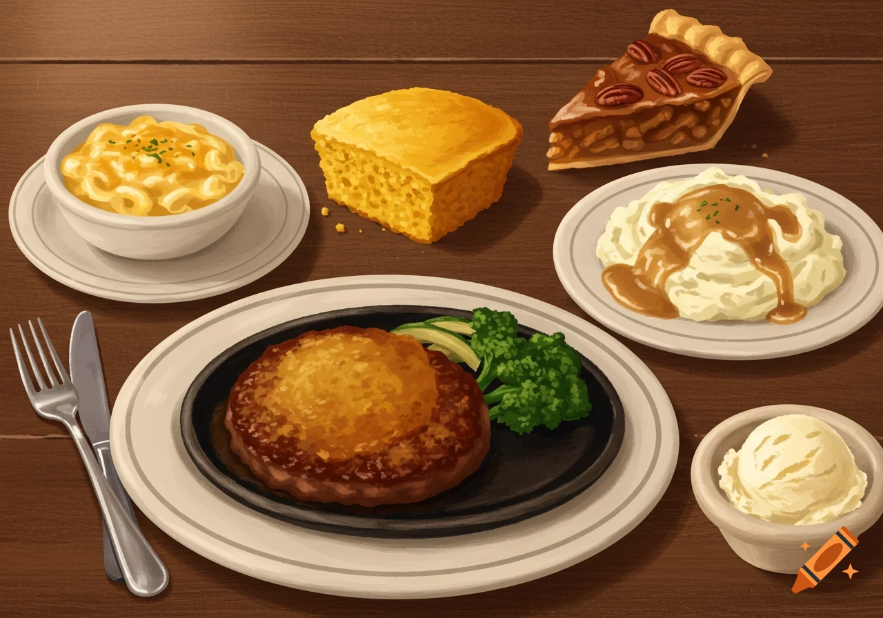 A table is set with a meal including hamburger steak, mac and cheese, mashed potatoes, gravy, cornbread, pecan pie, and ice cream.