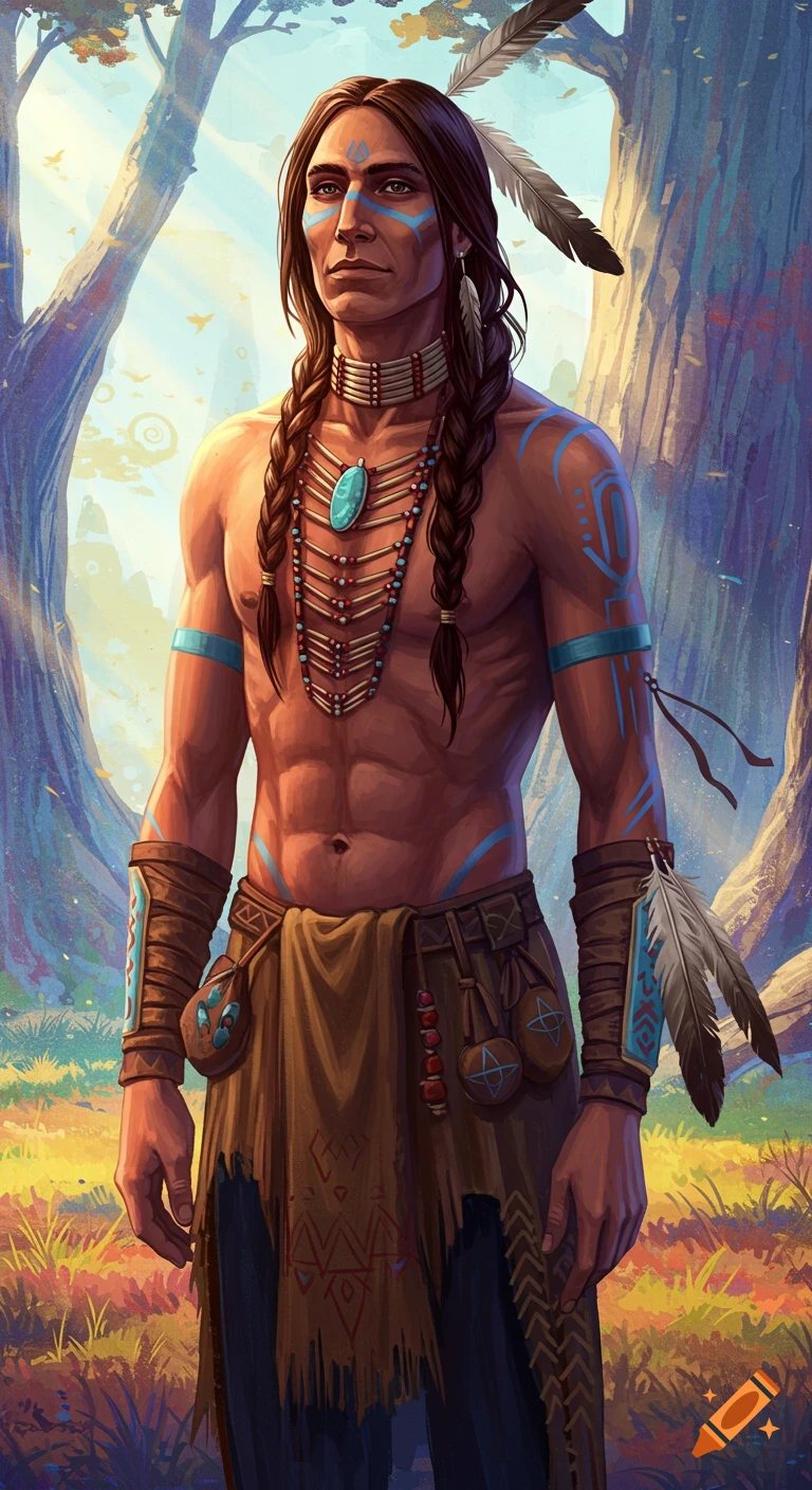 A stylized portrait of a Native American man in traditional attire standing in a forest.