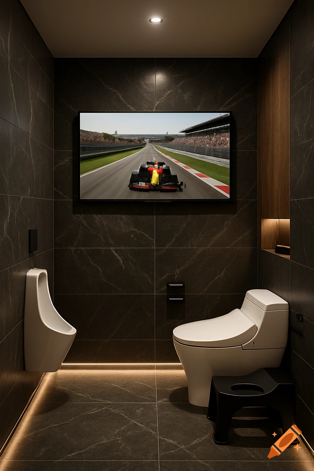 Luxury bathroom with marble tiles, a toilet, urinal, and a TV showing an F1 race.