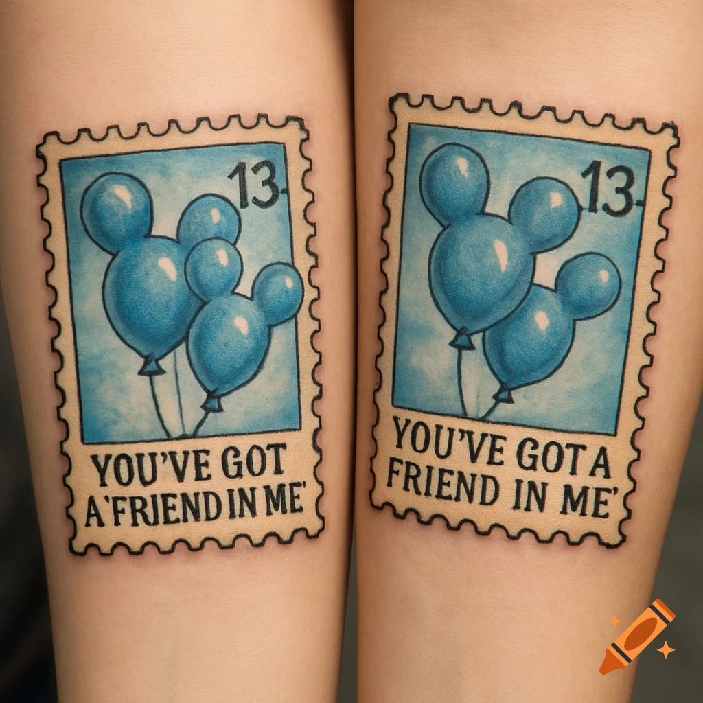 Two realistic stamp tattoos on skin, each with blue Mickey-shaped balloons, the number 13, and the text 'You've Got a Friend in Me'.