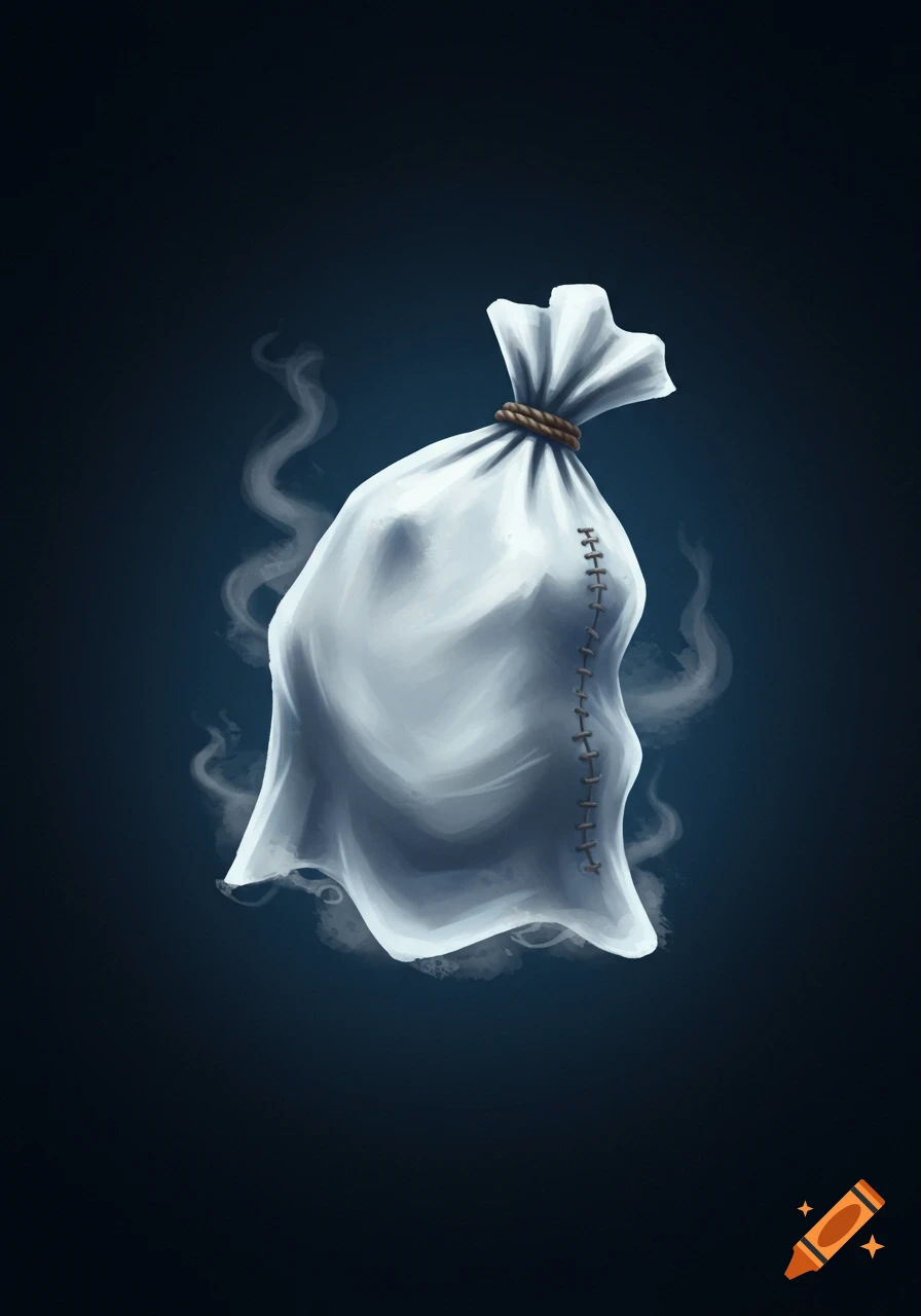 A floating white sack ghost with stitches and smoke on a dark background.