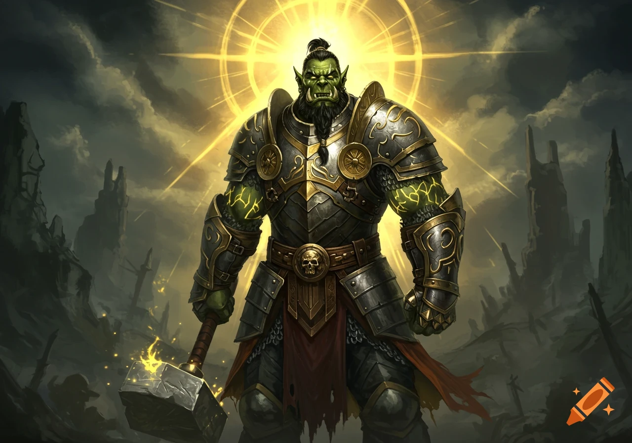 A fearsome orc paladin in golden and silver armor holds a large hammer, standing against a dramatic sky with a radiating sun.
