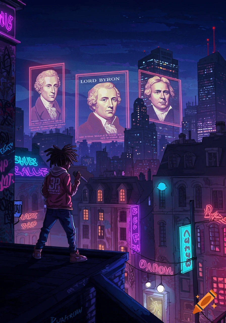 Illustrated scene of a person rapping on a rooftop in a neon-lit city at night with portraits projected onto buildings.