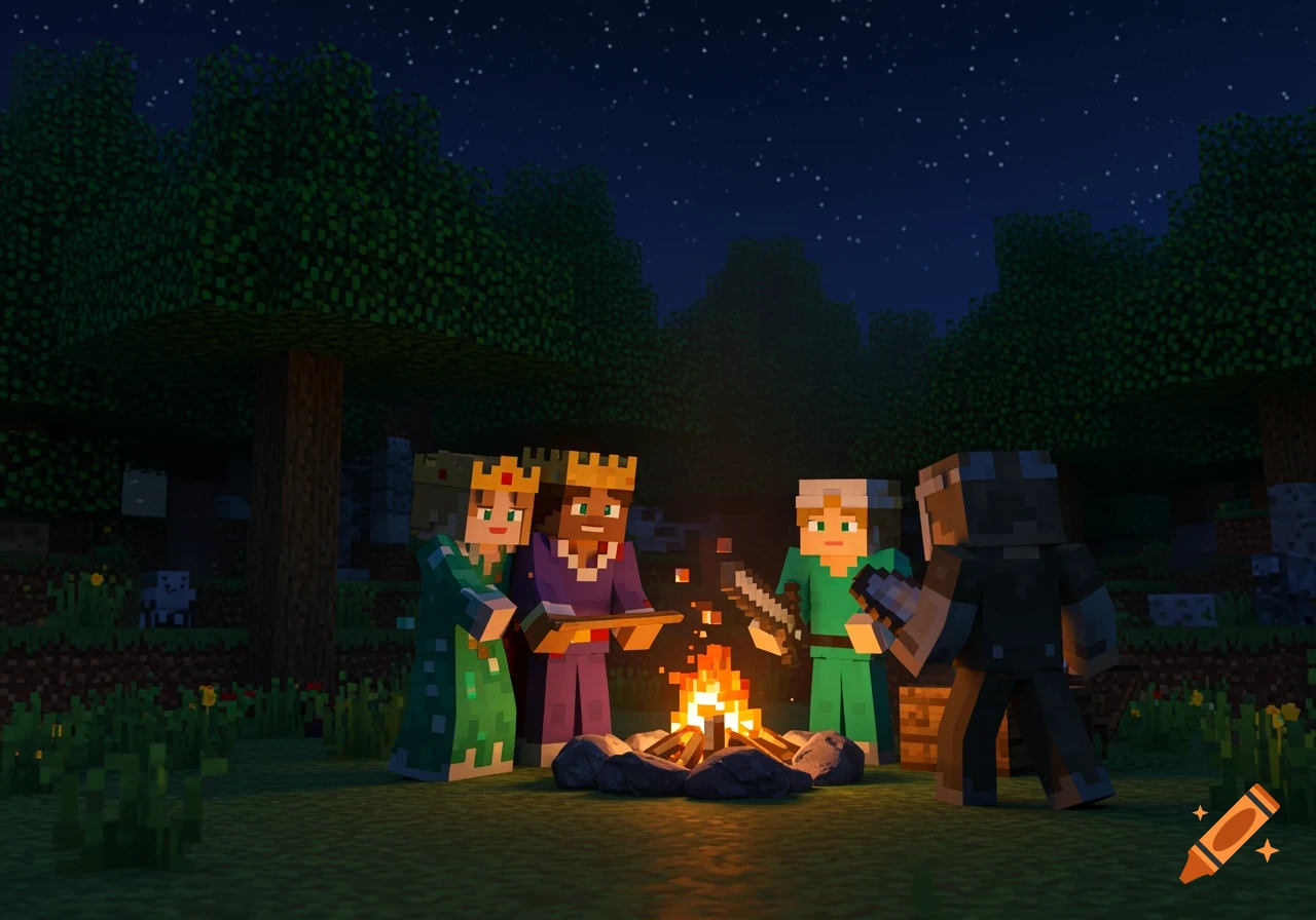 Minecraft characters including a king, queen, and soldier gather around a campfire at night in a forest.