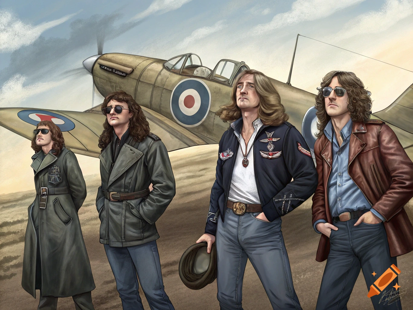 Illustrated portrait of four men in coats and sunglasses standing in front of a vintage airplane in a desert landscape.