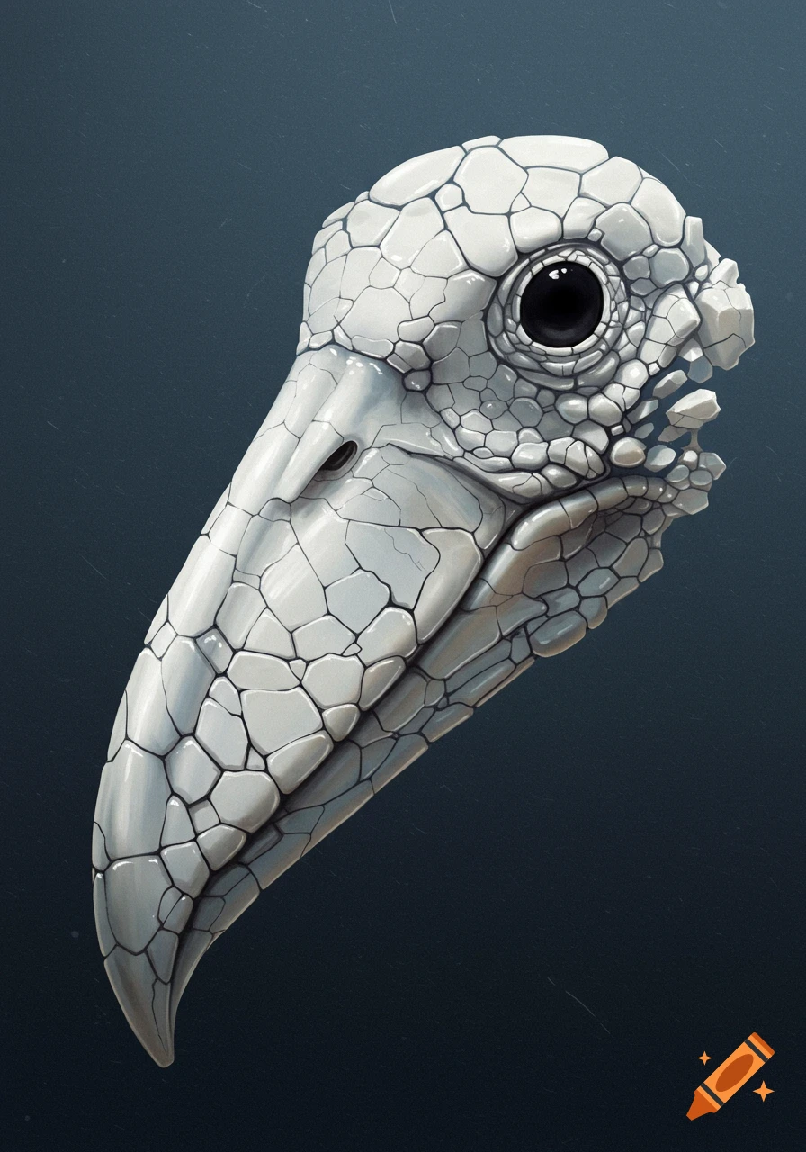 Close-up digital illustration of a white bird beak and eye made of cracked, segmented material.