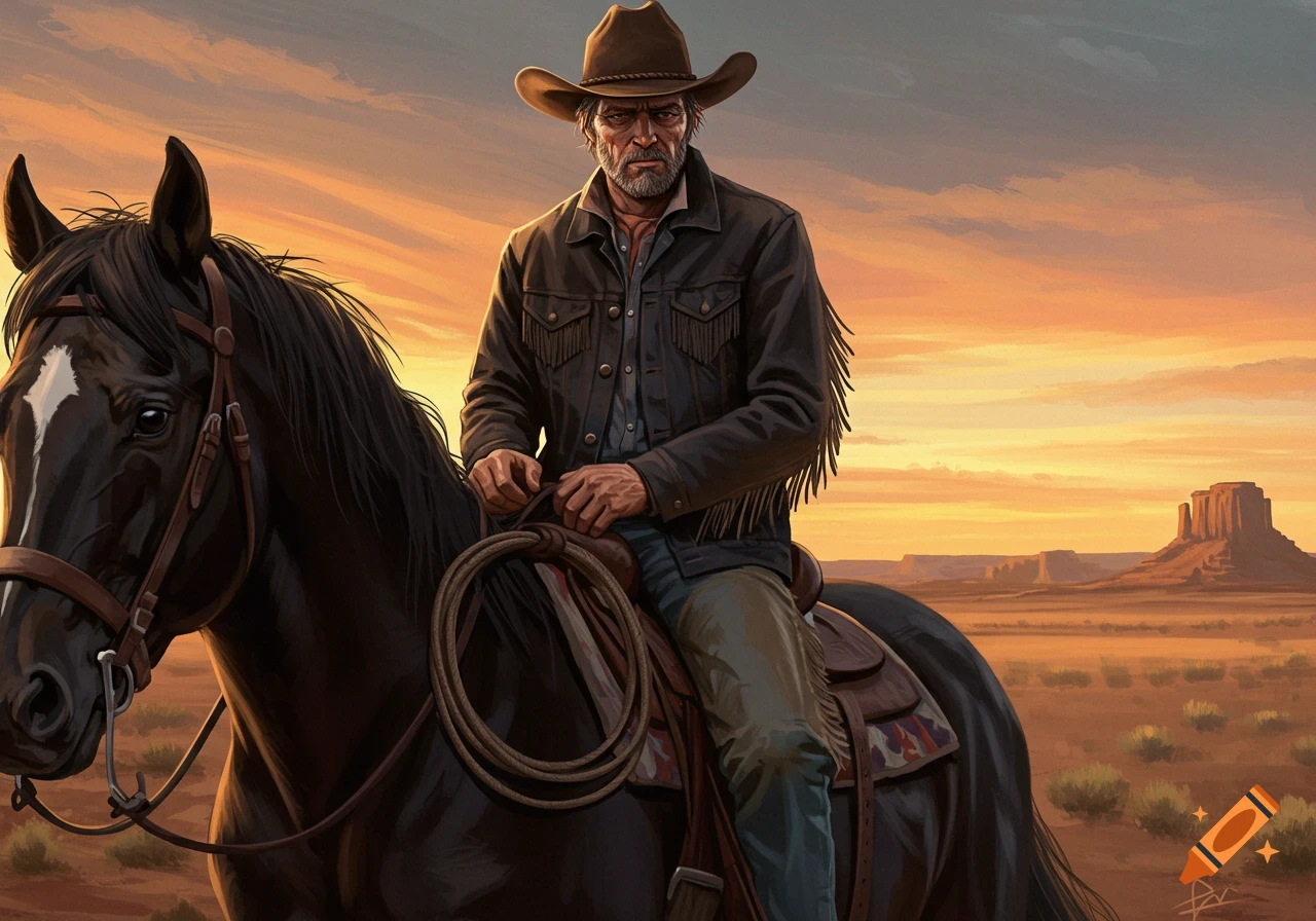 Illustration of a cowboy riding a horse in a desert landscape at sunset