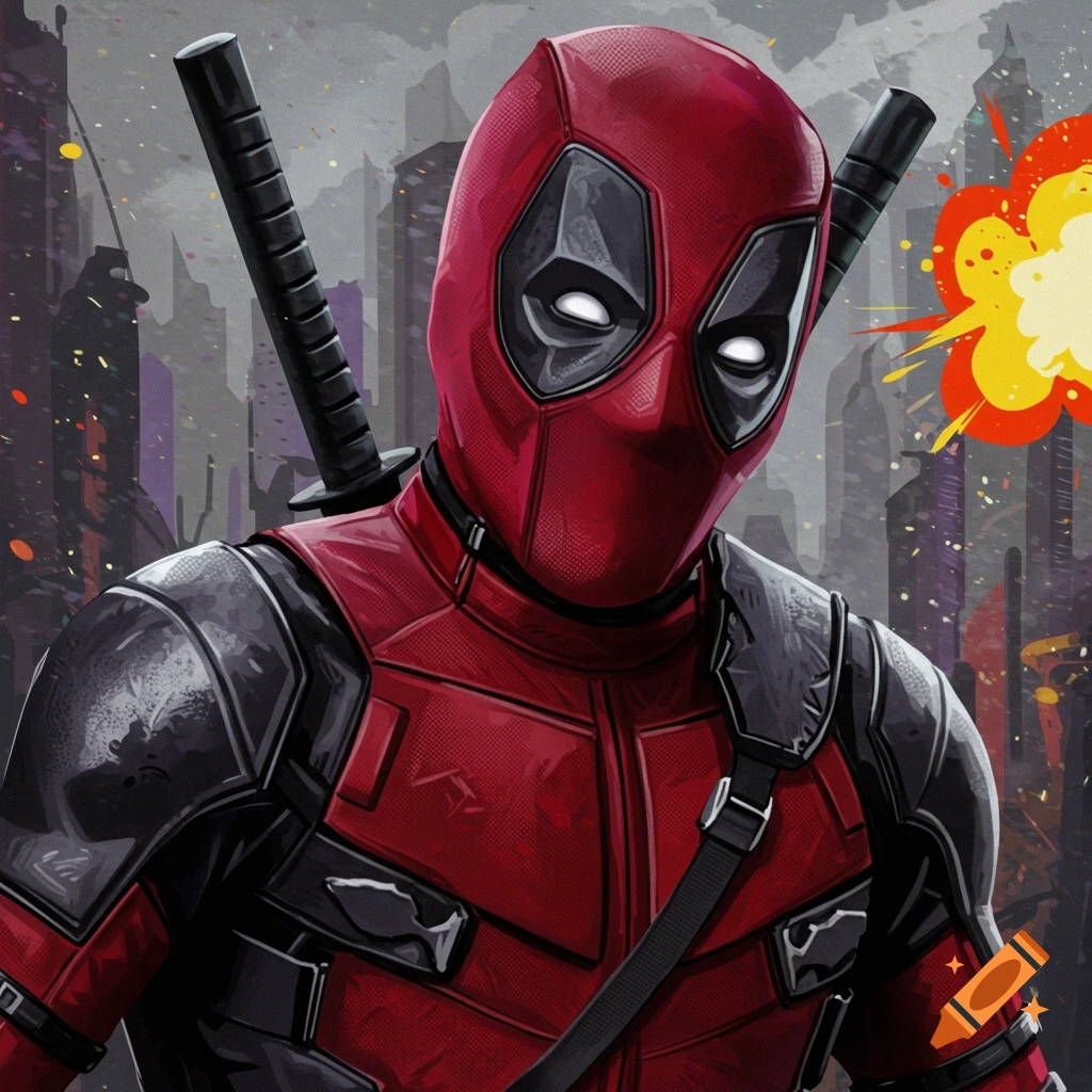 Deadpool in a cityscape with an explosion, comic book style.