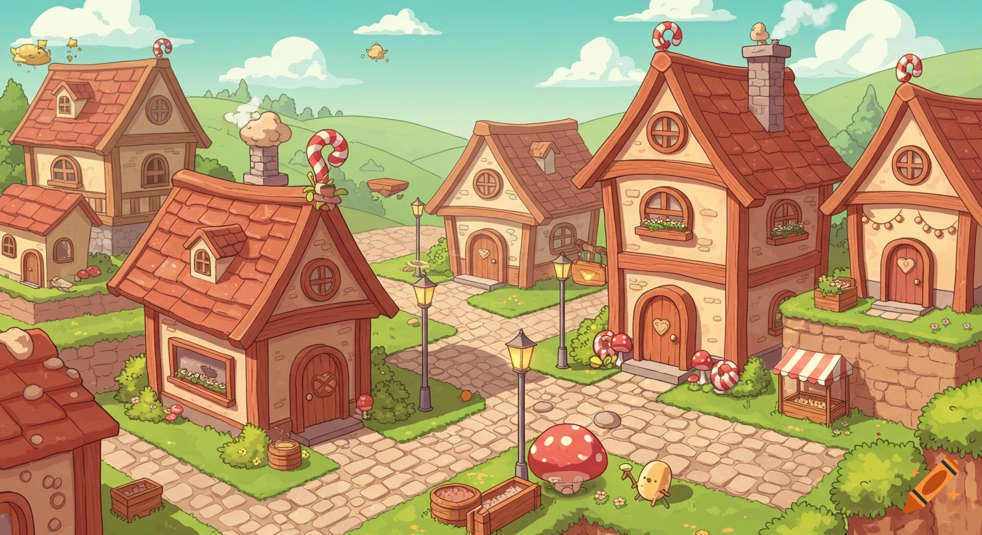 A cute, cozy cartoon village scene with houses, paths, trees, and mushrooms.