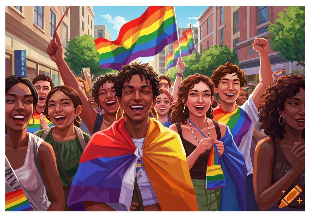 Diverse people smiling at a pride parade with rainbow flags waving.