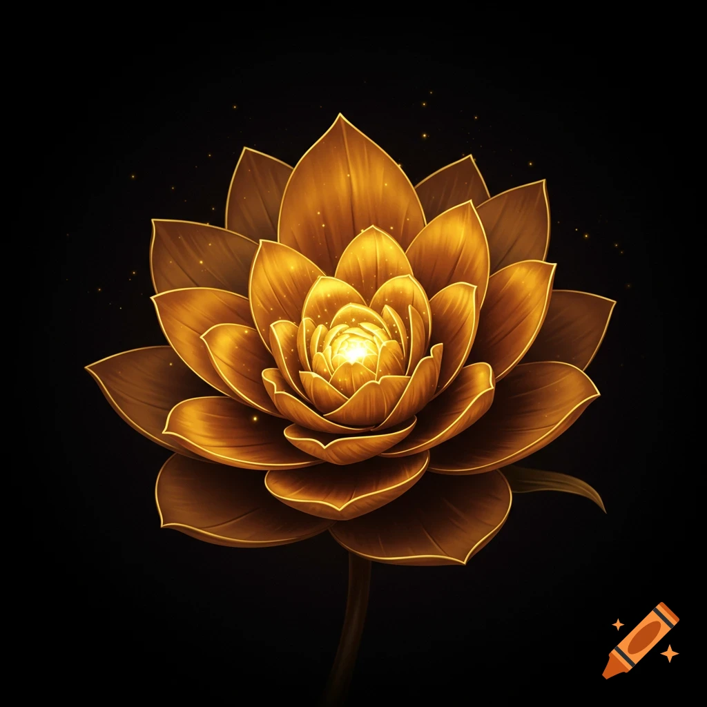 A golden blooming lotus flower on a black background