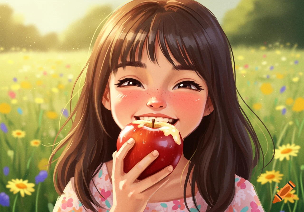 Illustration of a young girl smiling while eating an apple in a sunny field of flowers.