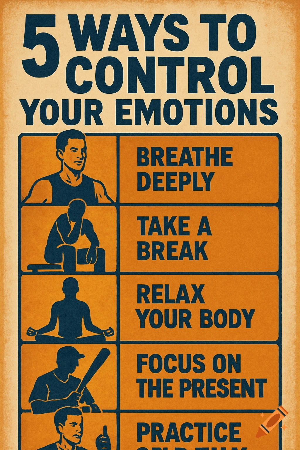 A vintage style poster titled "5 Ways to Control Your Emotions" with silhouette illustrations next to text describing each method.