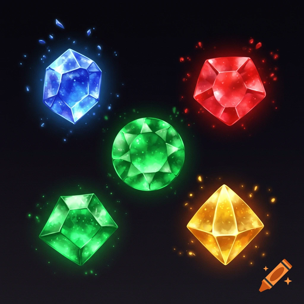Five colorful glowing magical gems on a dark background