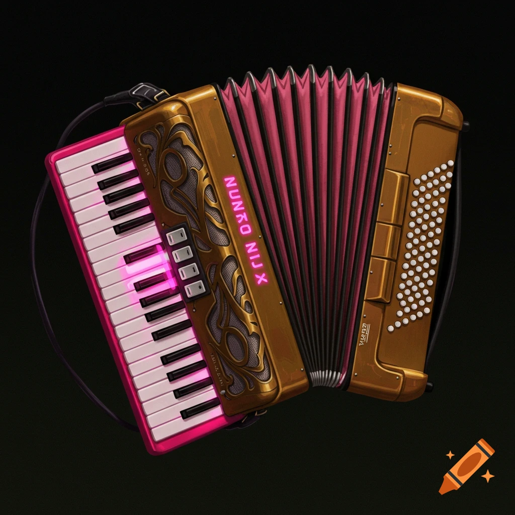A hybrid musical instrument that is a mix of a keytar and an accordion, with a golden body and pink bellows and keys, on a black background.