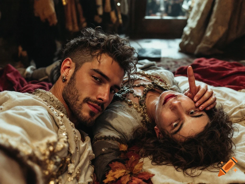 Two people in historical clothing lying down, one holds a finger up to the camera like a selfie.